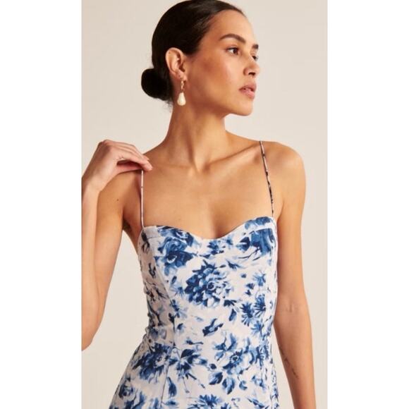 NWT Abercrombie & Fitch Camille Midi Dress Women's XL Blue Floral Cottagecore - Picture 3 of 13